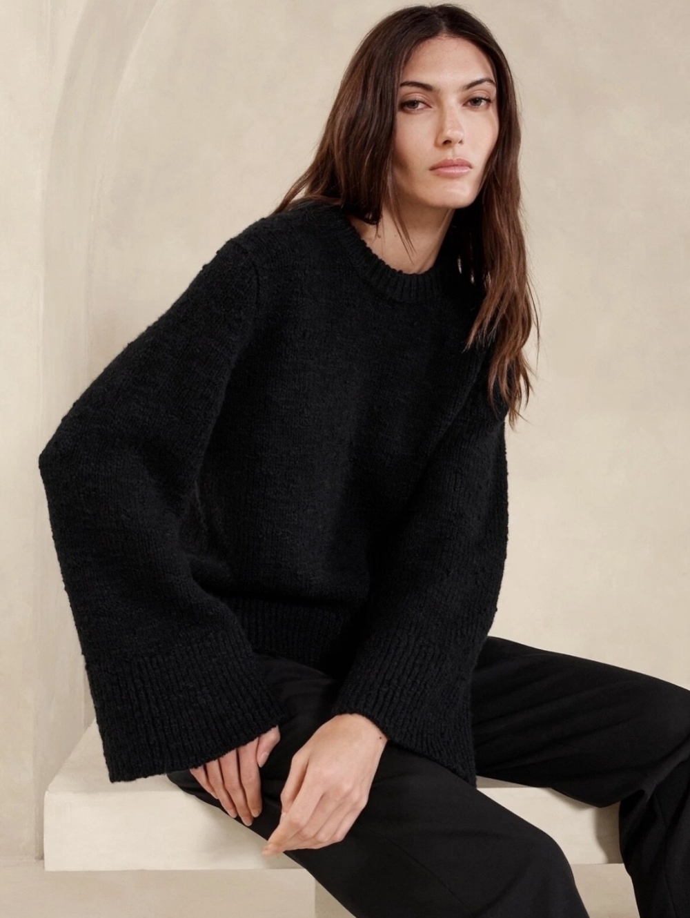 Banana Republic Black Austral Slub Merino Wool Relaxed Crew-Neck Sweater Small